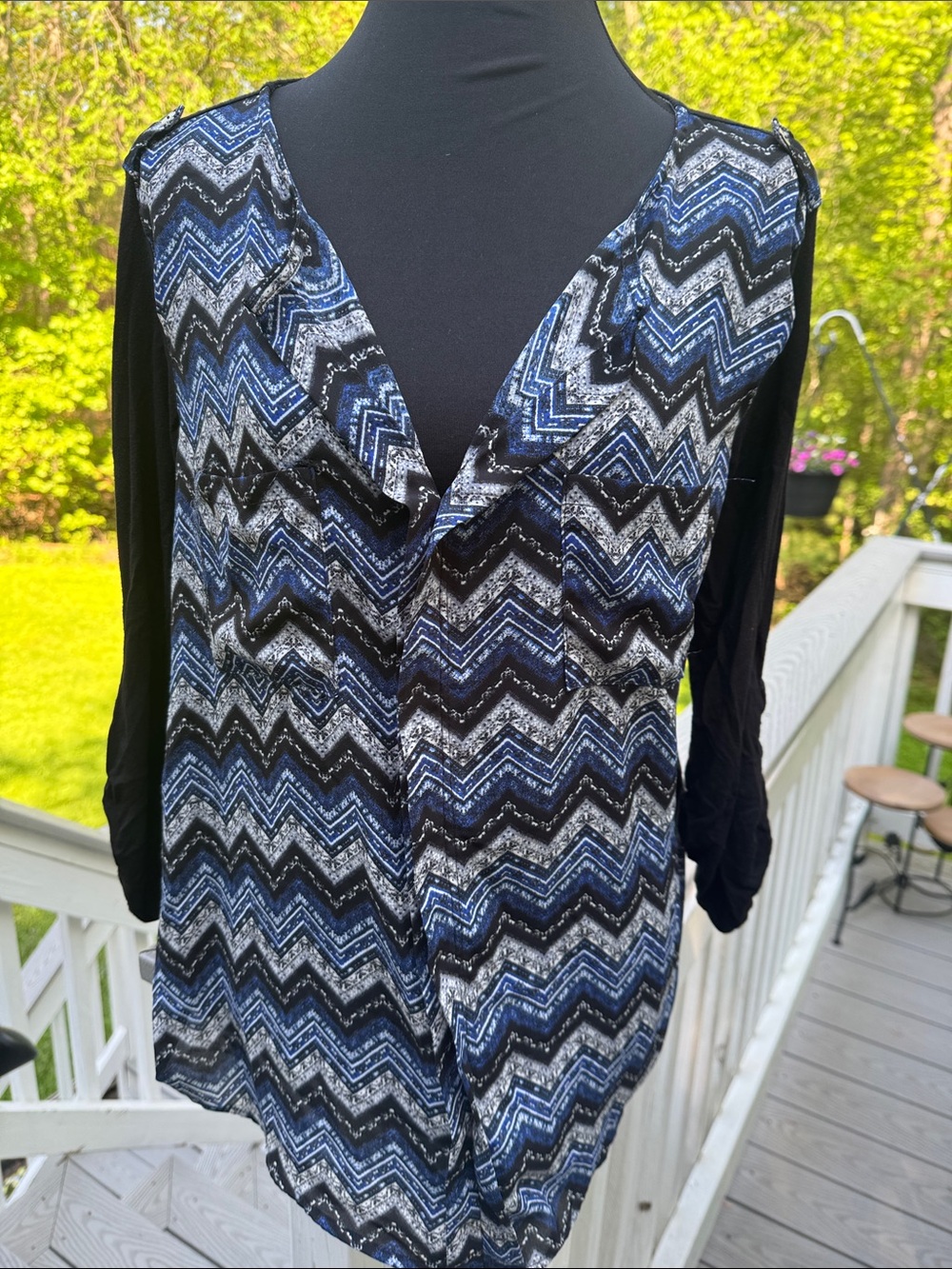 Women’s Chevron V-Neck Tunic Top - Blue and Black